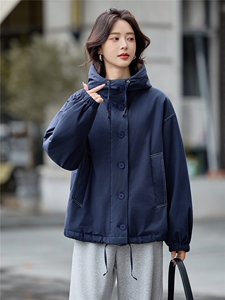 藏青色连帽宽松休闲夹棉外套女2025冬季极简廓形慵懒感小个子棉服图片