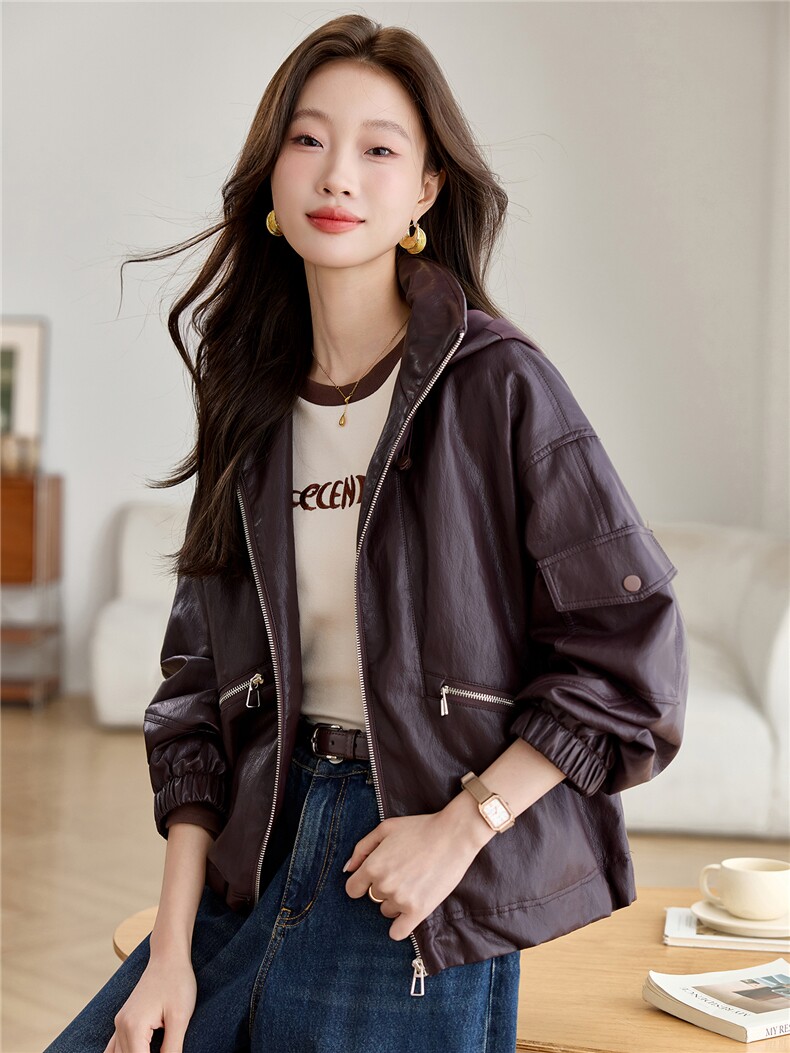 2581休闲连帽皮衣,女装短外套,文熹诺