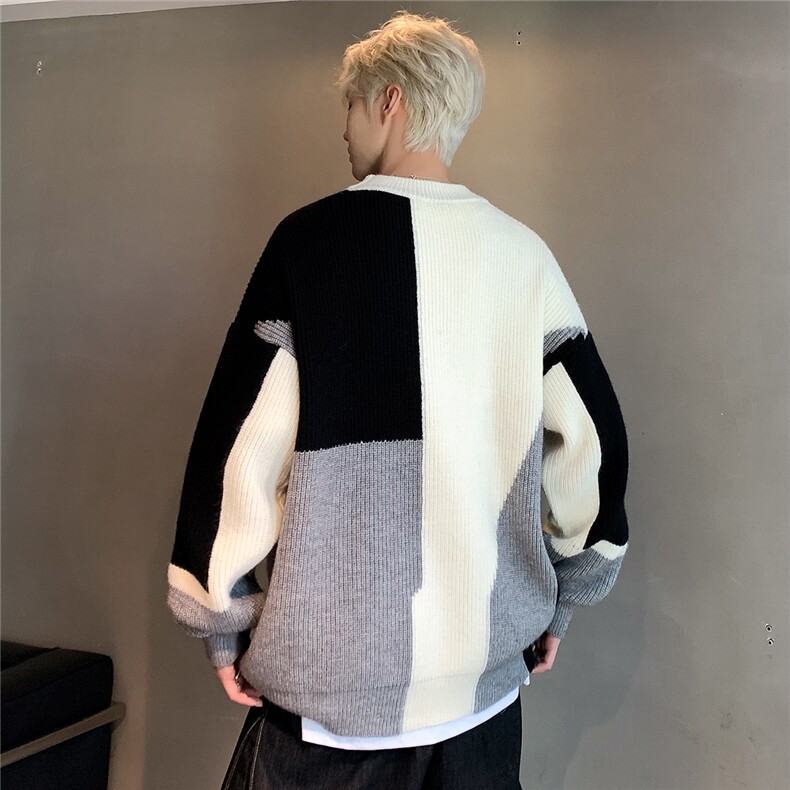 拼接撞色毛衣男秋冬潮牌宽松休闲慵懒风套头针织衫M19-P58,男装针织衫/毛衣,电商C307A
