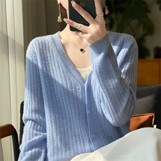 春秋新款纯棉V领开衫女薄款毛衣外套宽松打底外穿搭长袖针织衫潮，女装针织衫/毛衣，萱芳婷羊绒