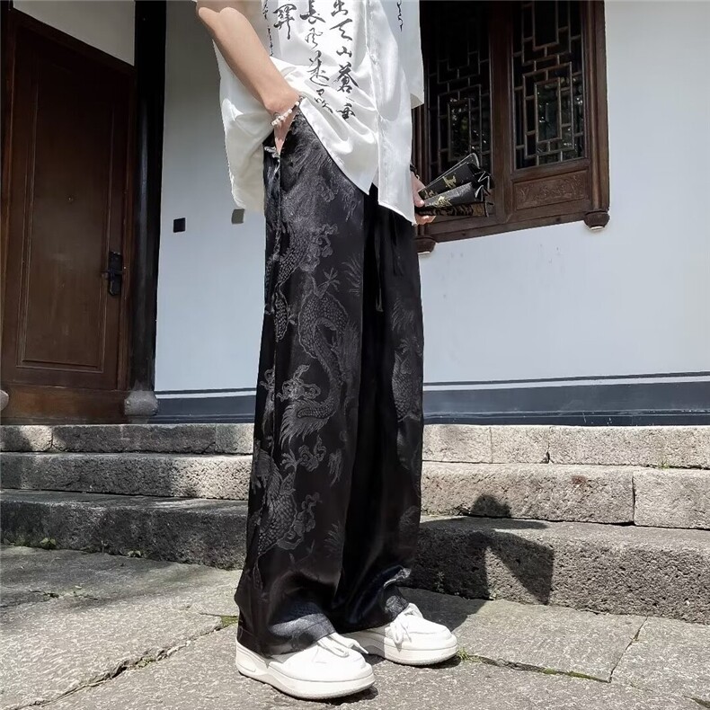 风夏男裤冰丝龙刺绣丝滑唐装直筒长裤h9540P40,男装民族服装,星座1013-1