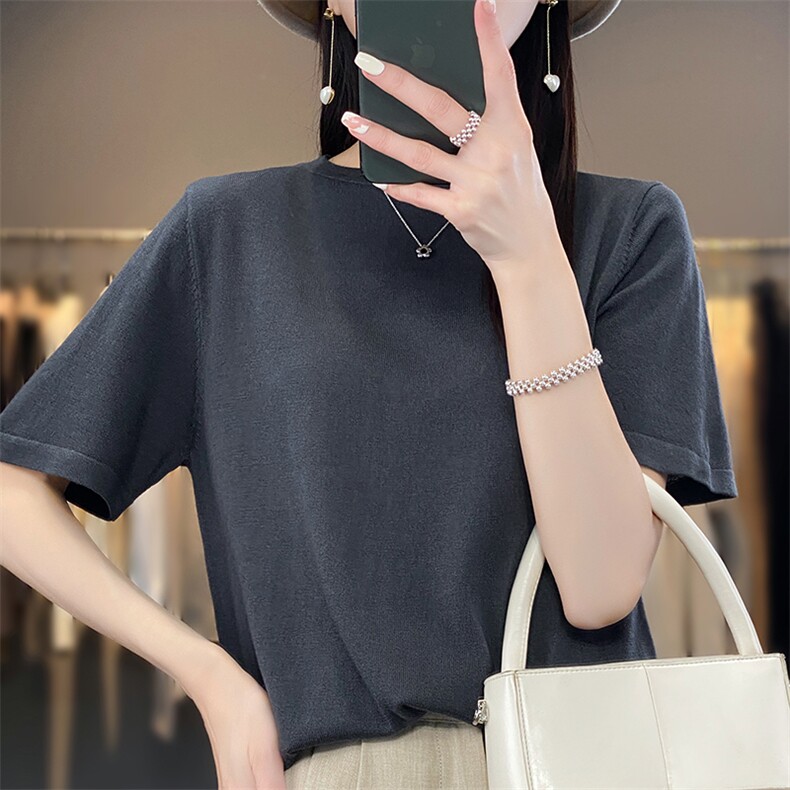 精纺细支羊毛针织短袖t恤女宽松圆领背心西装内搭上衣夏新款半袖,女装羊毛衫,丹芙娇羊绒