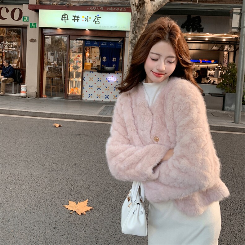 浅粉色秋冬皮毛一体外套女仿水貂绒休闲上衣2C353--716#P180K268,女装短外套,2C353