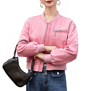 现货时髦做旧复古PU皮衣夹克外套女小个子2024新款短款立领机车服图片
