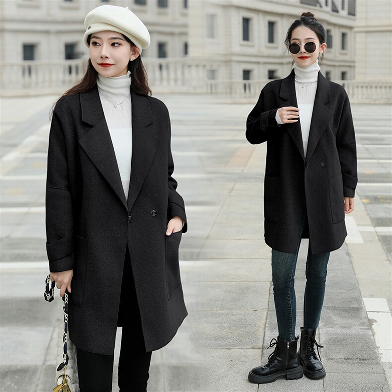 现货秒发2024冬装新款韩版休闲宽松大码双面呢羊毛大衣外套,女装双面呢大衣,星宇服饰