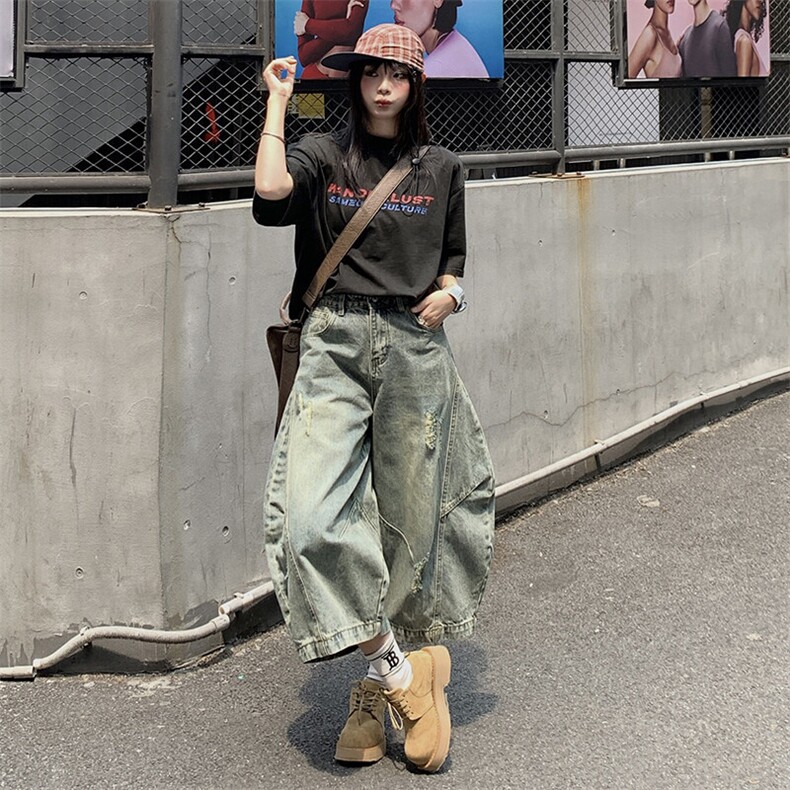 美式复古廓形弯刀牛仔男女款潮牌宽松设计感阔腿七分裤YD701-P65，男装牛仔裤，星座509