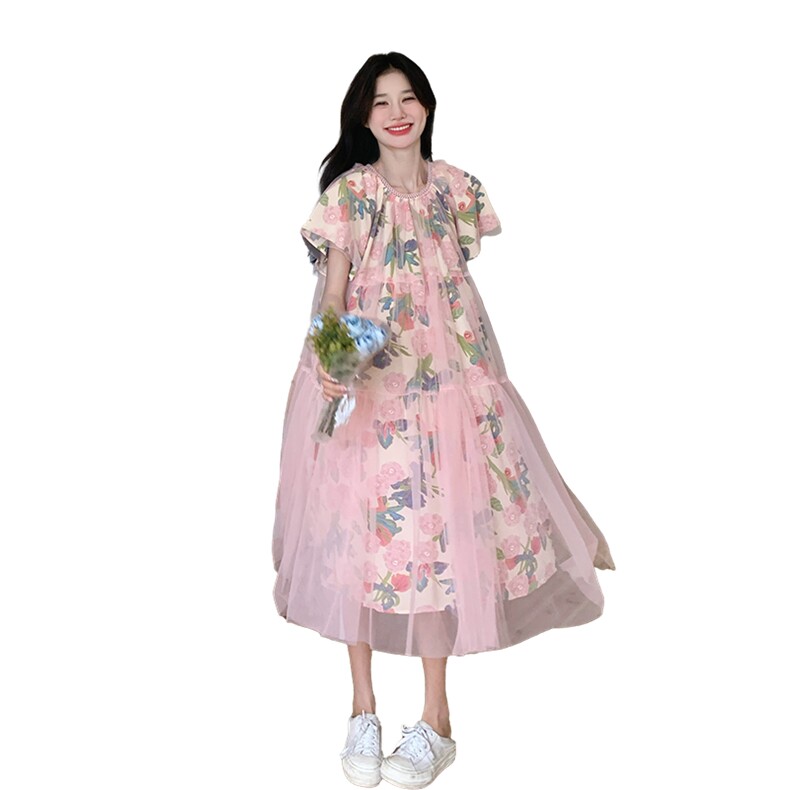 多巴胺粉色网纱拼接碎花连衣裙女夏2025新款法式甜美宽松初恋长裙,女装连衣裙,2C115