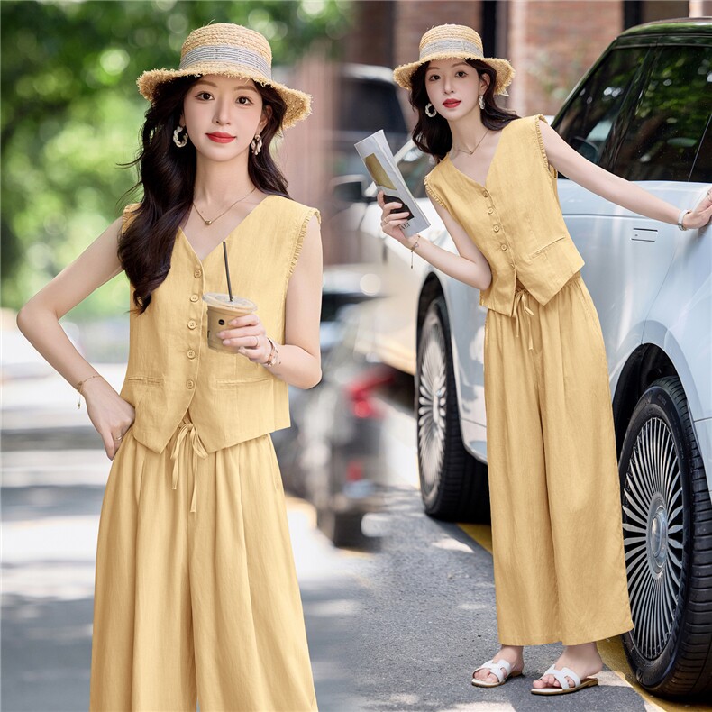 现货。老钱风亚麻阔腿裤两件套气质无袖马甲套装女夏，女装套装/套裙，E百度