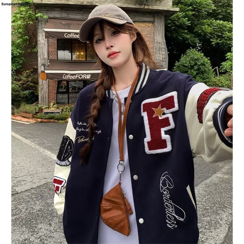 新款流行简约日系毛巾绣棒球服长袖外套原宿百搭文艺时尚潮流,女装短外套,星座1210-1