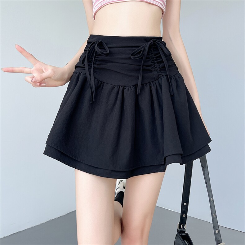 松紧腰系带宽松显瘦短裙女2024夏季新款百搭设计感双层短裙子,女装半身裙,梦白服饰厂