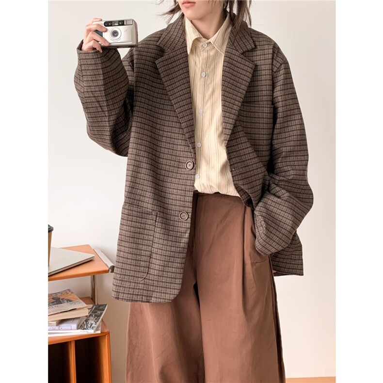 复古小清新细格纹西服男女春秋宽松休闲港风小西装外套X018-P60，男装西服套装，星座308B-2