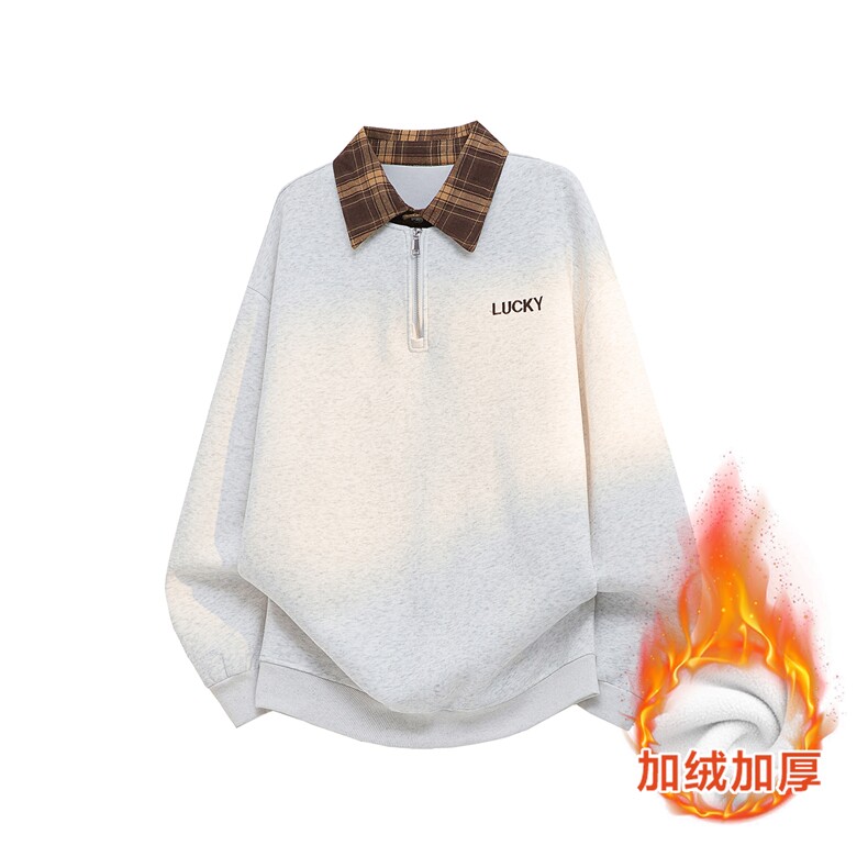 美式撞色假两件卫衣半拉链大码格子领POLO衫外套LW617特P55加绒65，男装Polo衫，电商B215