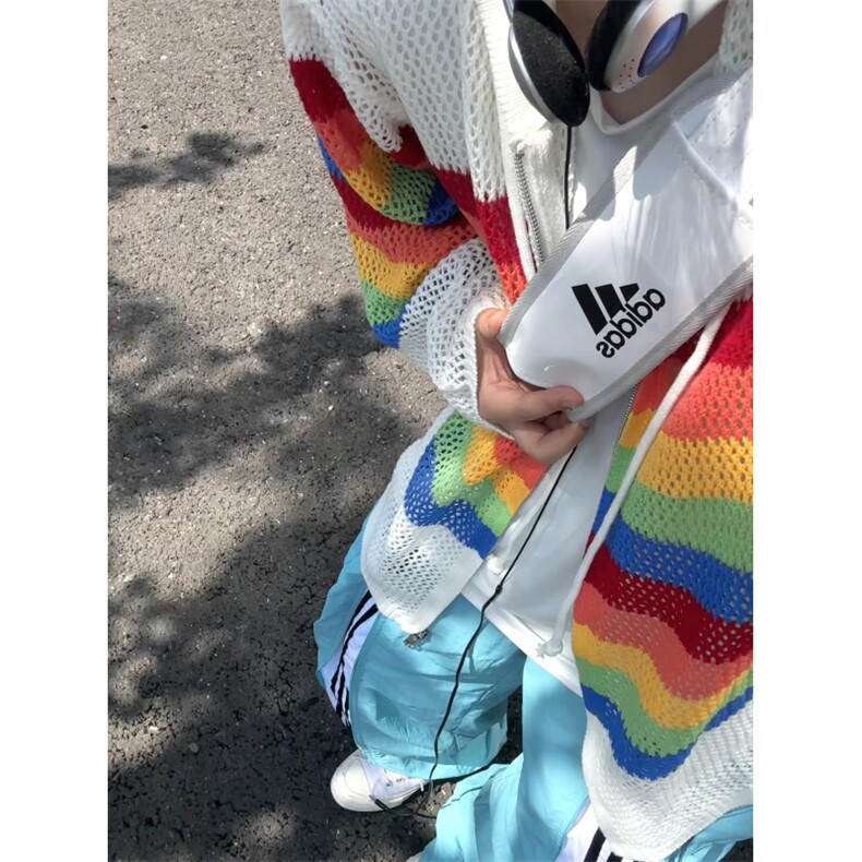 【有货】彩虹镂空连帽针织开衫男女罩衫情侣衬衫外套2401CC-特P48,男装衬衫,星座1007（原301D）
