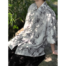 天丝麻风新款男女24夏季水墨竹叶印染大码衬衫CS33-P65-控88，男装衬衫，电商A021