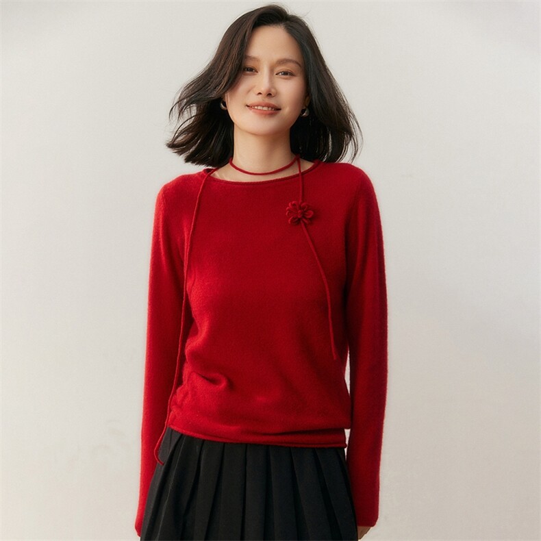 2025百搭时尚简约卷边圆领长线挂脖羊绒衫,女装羊绒衫,贝美羊绒
