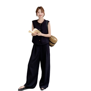 简约气质感套装女2025夏季新款减龄无袖毛边上衣直筒阔腿裤两件套图片