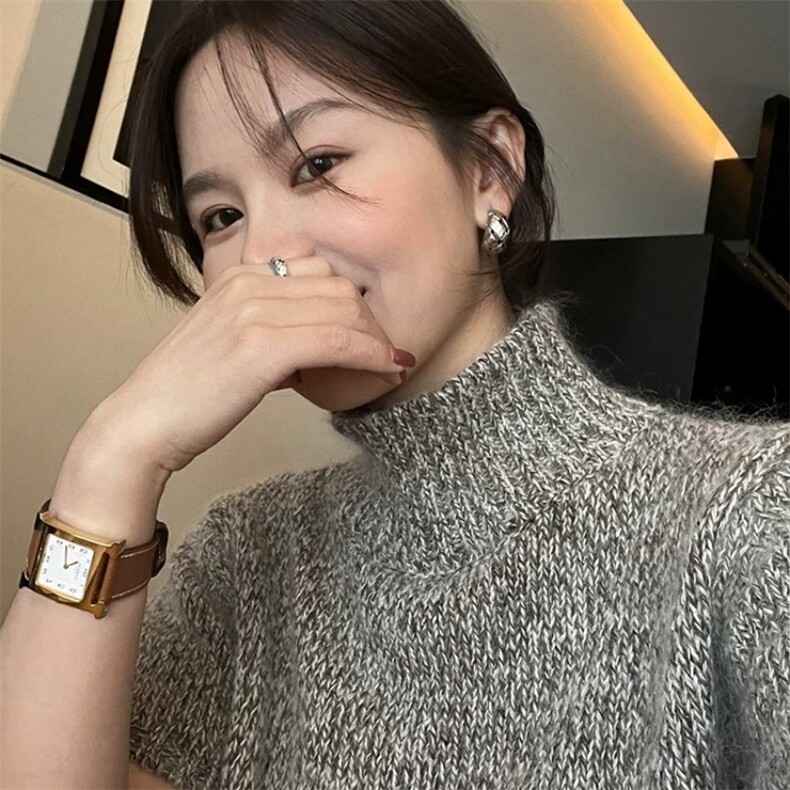 加厚气质慵懒风高领针织短袖毛衣女秋季高级感内搭半袖打底衫上衣,针织衫/毛衣,朝辰羊绒