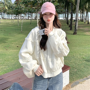米白色设计感木耳边拼接棒球服女2025早春新款小个子休闲减龄外套图片