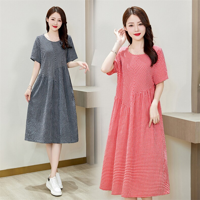 棉麻连衣裙女2024夏季新款大码宽松显瘦中长款格子亚麻短袖裙子，女装连衣裙，罗得堡
