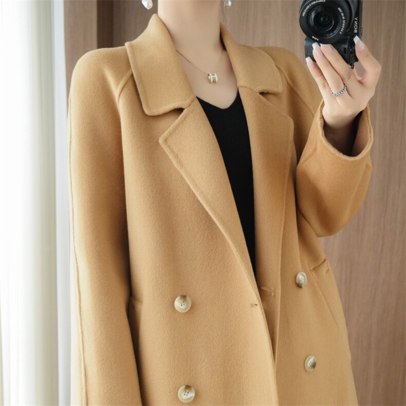 秋冬季羊毛时尚休闲经典V领双排扣中长款大衣，女装双面呢大衣，泰公羊绒