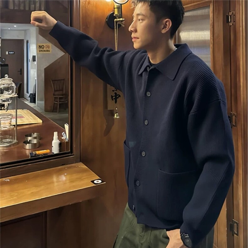 高品质针织翻领开衫男秋冬季男士修身毛衣外套有口袋外穿夹克线衣,男装针织衫/毛衣,四季星座505