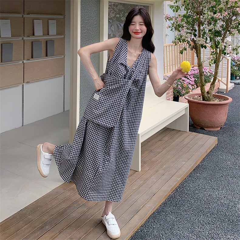 正反两穿黑白格子无袖连衣裙女2025夏季新款法式复古宽松背心裙潮,女装连衣裙,2C085