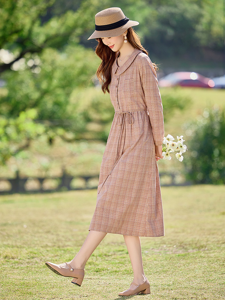 高端长袖格纹撞色连衣裙女2026春新款气质洋气减龄衬衫裙,女装连衣裙,水衣源