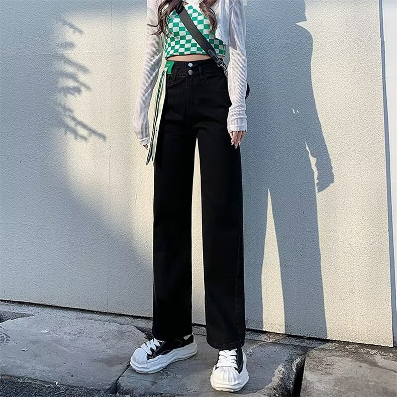 黑色阔腿牛仔裤女新款高腰显瘦春装直筒宽松春季丝巾拖地裤,女装牛仔裤,中性港风女装