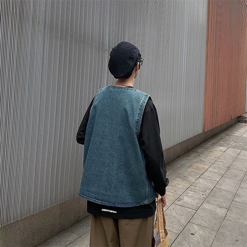 复古港风牛仔马甲男春秋口袋工装坎肩宽松潮流马甲外套XM215-P55,男装工装外套,星座1001-1