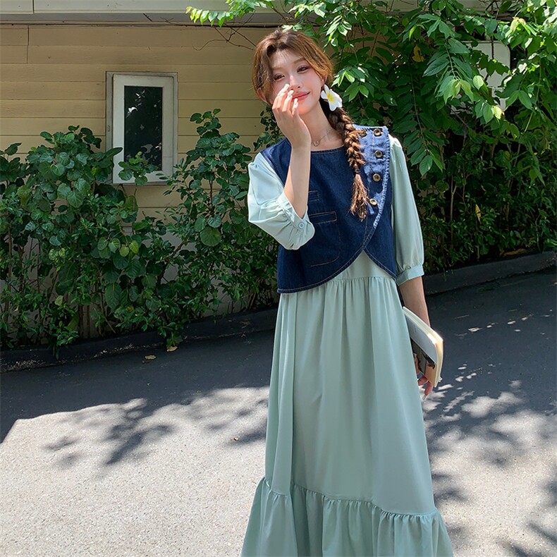 夏季新品设计感复古牛仔马甲连衣裙两件套2C2851802P165K248,女装连衣裙,2C285