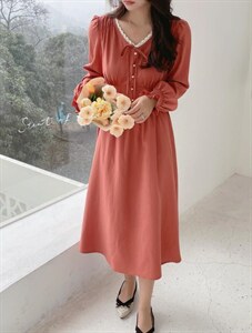 2022春季系带小V领收腰显瘦中长款韩版连衣裙,女装连衣裙,德咔俪