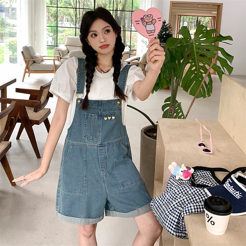 韩版俏皮减龄牛仔背带短裤套装女2025夏季新款显瘦休闲T恤两件套,女装套装/套裙,多米2-075