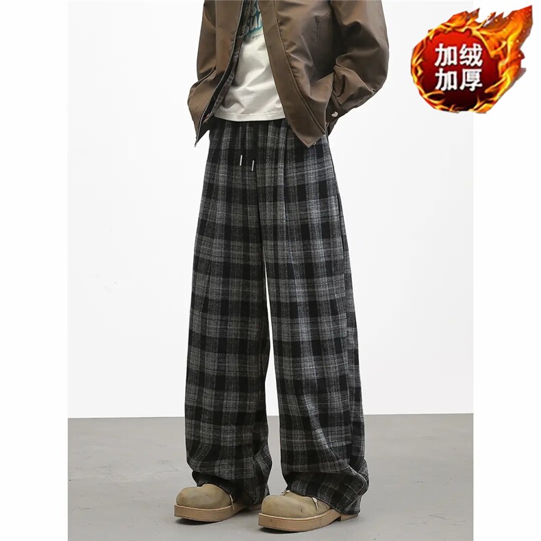 毛呢格子阔腿裤男加厚冬季新款宽松大脚直筒裤百搭时尚大码休闲裤，男装休闲裤，星座506A