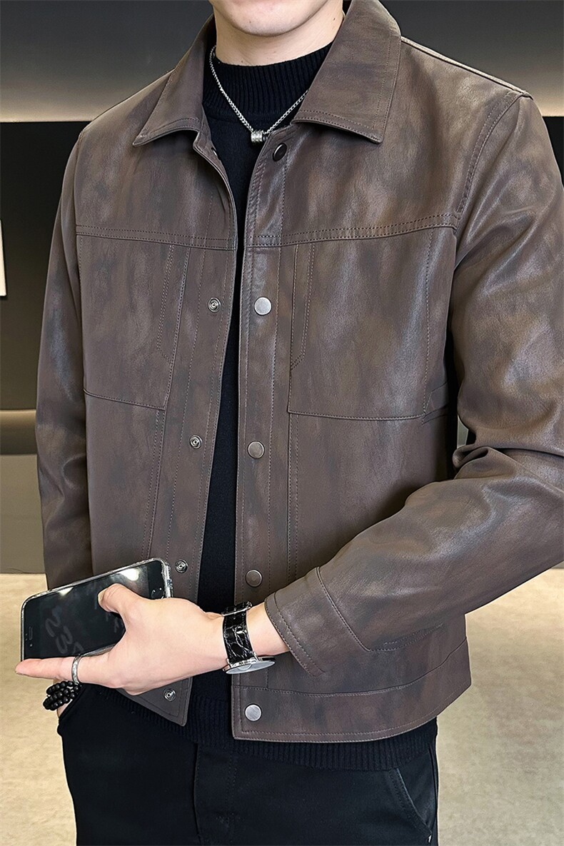 25883-M一4XL-P145店主风秋季新款男士翻领简约百搭纯色皮衣外套,男装皮衣,电商B255