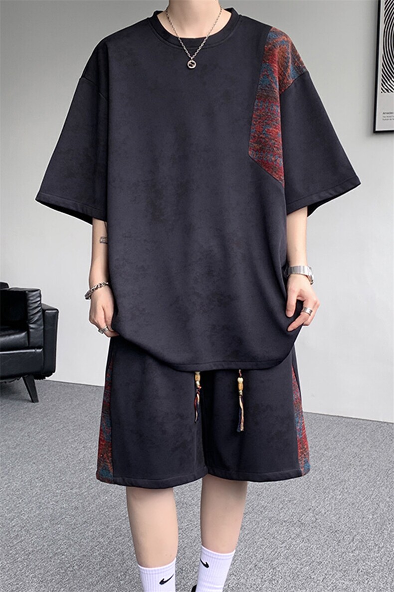 8XL-M民族风潮拼接休闲运动套装男夏季学生短袖短裤TZ38001P60,男装休闲套装,电商B312