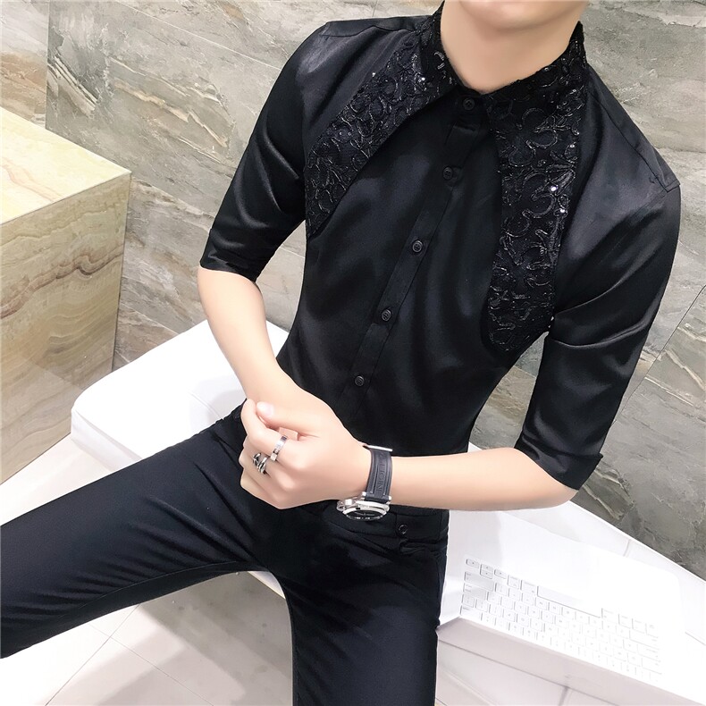 19夏男韩版修身衬衫发型师七分袖工作服夜店蕾丝亮片中袖D42,男装衬衫,星座419（原A233）