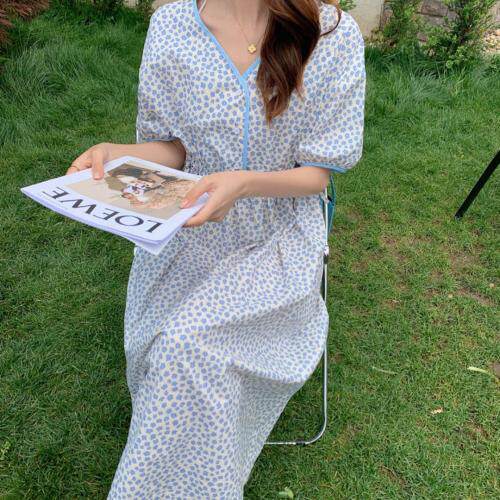 现货韩版碎花泡泡袖抽绳收腰连衣裙，女装连衣裙，FUXINXIN 福歆歆