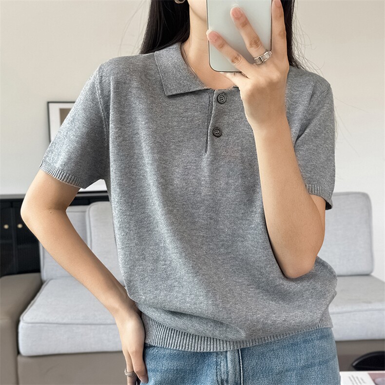 夏季时尚百搭纯棉针织短袖女翻领纯色宽松显瘦上衣t恤女polo衫女,女装T恤,洁纯羊绒