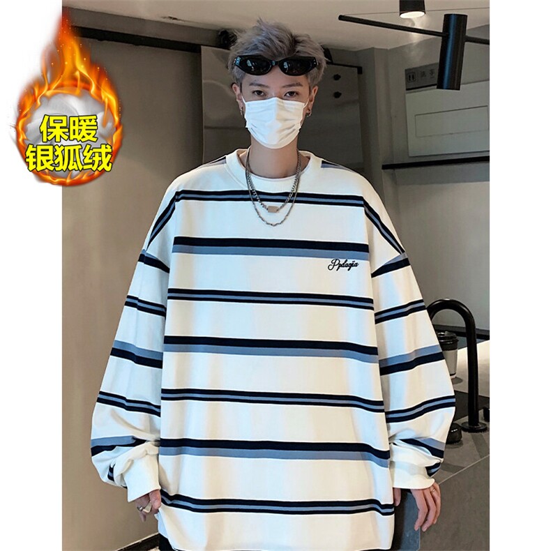薄款改加绒特批P50无差价冬新条纹卫衣男银狐绒长袖T恤T1701J加绒,男装T恤,电商A001-1