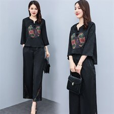 HXY803香云纱2022夏新款高端真丝时尚洋气复古套装阔腿裤两件套，商品下架区，华秀衣