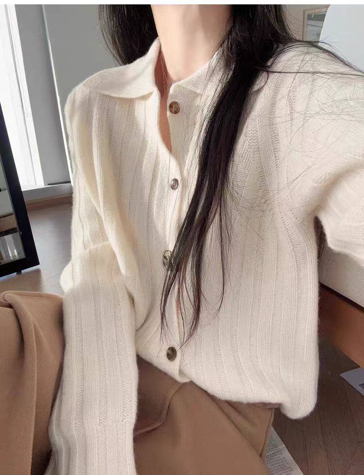 2025年秋季新款女士斜扣翻领针织开衫图片
