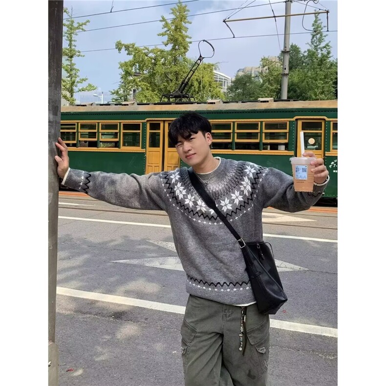 M447-P53美式高街潮牌提花费尔岛情侣男女毛衣中性风秋冬季，男装针织衫/毛衣，电商B323A