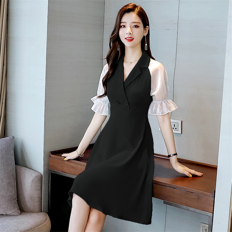 2021年夏季POLO领时尚纯色中腰修身显瘦短袖中长款,女装连衣裙,丽美静依