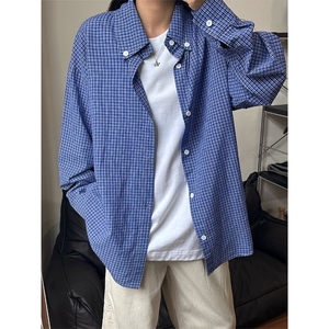 美式复古慵懒宽松蓝格子衬衫女男春秋季新休闲长袖衬衣 CS46图片
