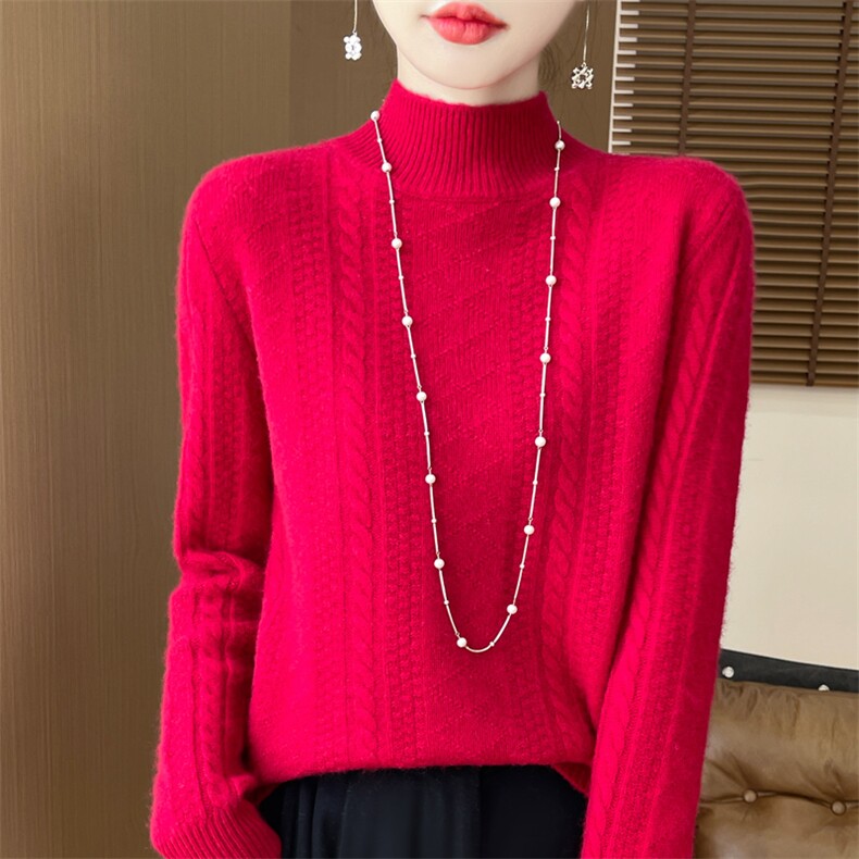 2024秋冬季新款羊毛衫女加厚扭花半高领宽松打底衫毛衣，女装羊毛衫，魅途羊绒
