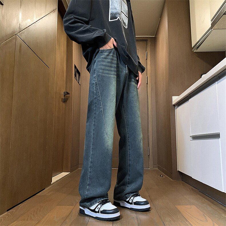 特批P45无差价2024秋美式ins高街水洗磨白猫须折皱宽松直筒牛仔裤，男装牛仔裤，星座1013-6