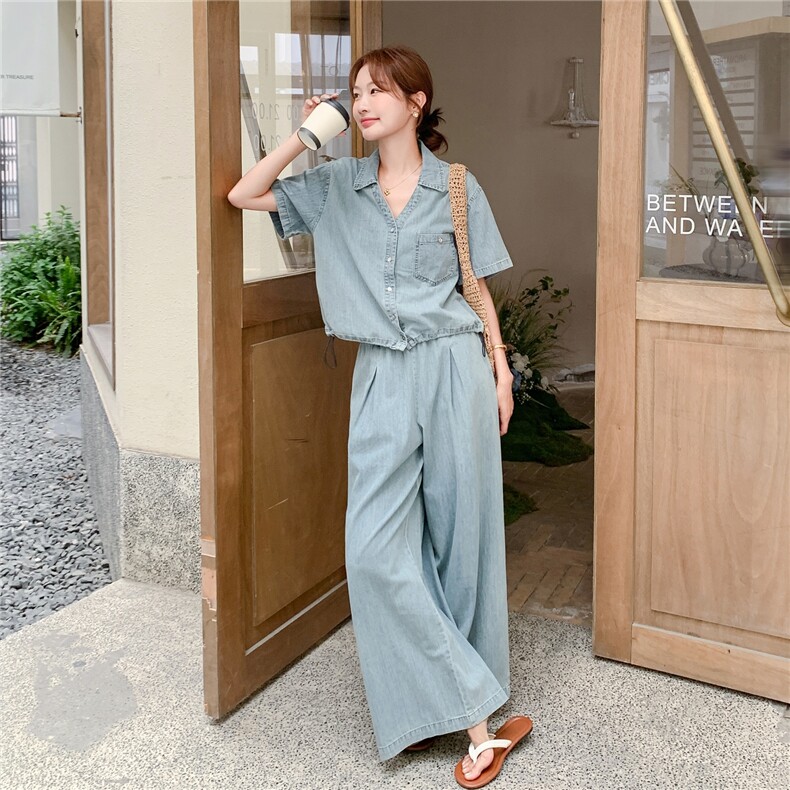又a又飒牛仔套装女2025夏新款美式复古短袖外套高腰阔腿裤两件套图片