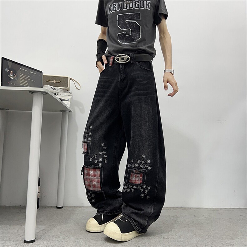 美式复古磨破刺绣牛仔裤男女设计感宽松直筒微喇阔腿裤NZ0163-P58,男装牛仔裤,星座308B-1
