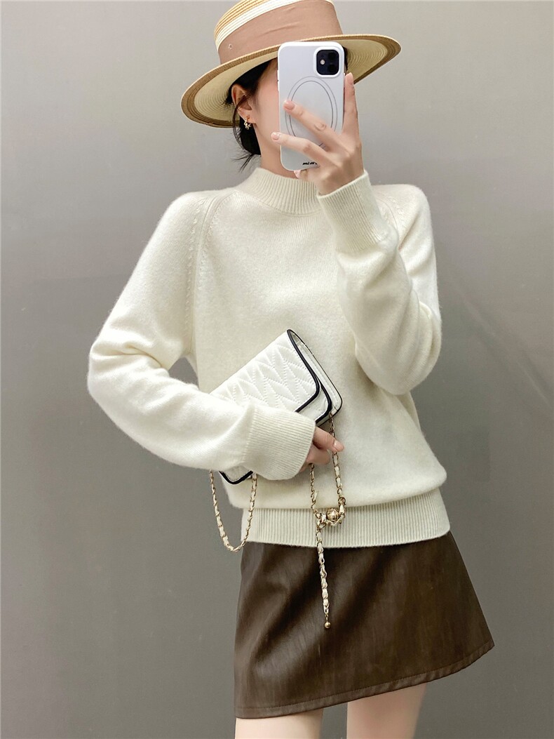 2025年秋季甜美长袖插肩半高领时尚百搭，女装针织衫/毛衣，织绒羊