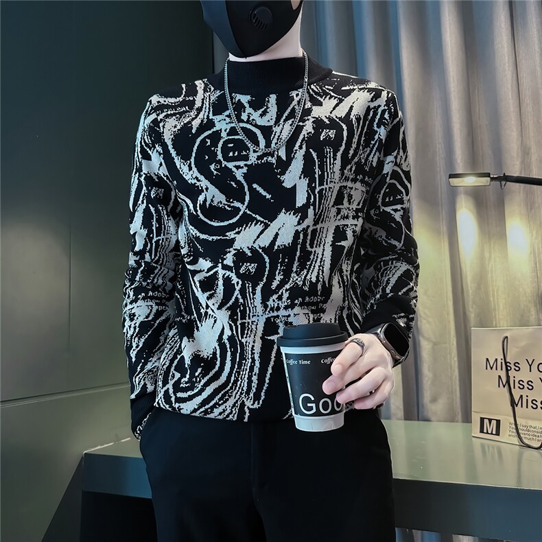 高级感痞帅提花半高领毛衣修身社会小伙店主风301C-M78-P78控108,男装针织衫/毛衣,星座301C（原B323）